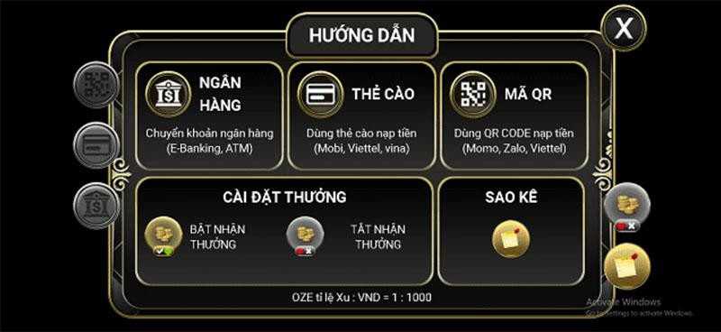 Hướng dẫn các bước rút, nạp tiền Oze6868 