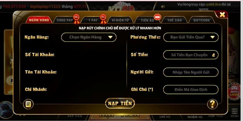 Yo88 - Cổng game bài đổi thưởng trực tuyến số 1 tại Châu Á 4 Chỉ dẫn các bước nạp tiền vào Yo88 nhanh chóng