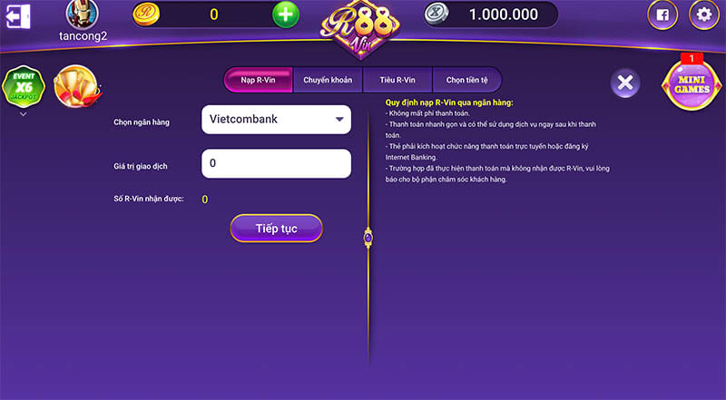 R88 vin - Nơi thoả sức niềm đam mê nổ hũ 3 Nạp tiền qua tài khoản ngân hàng