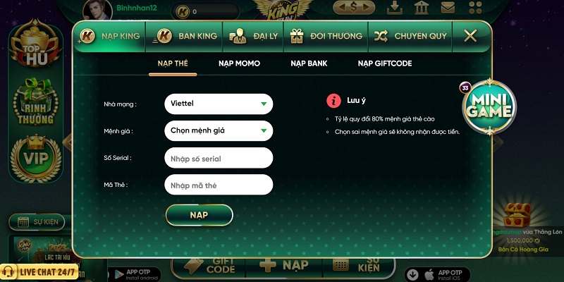 King Fun - Cổng game quốc tế hấp dẫn có tỷ lệ thưởng cao 7 Hướng dẫn cách nạp tiền vào King fun