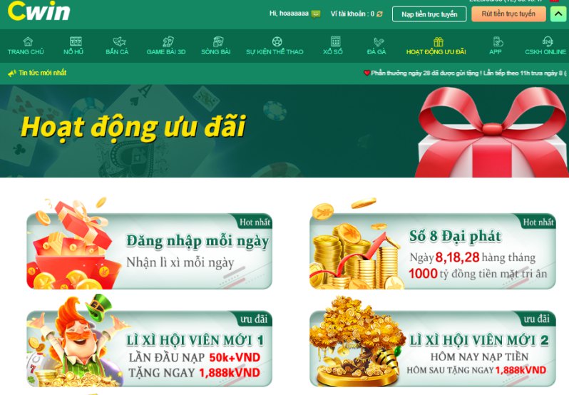 Cwin - Cổng game nổ hũ đổi thưởng online lớn nhất hiện nay 4 Khuyến mãi hấp dẫn có tại Cwin